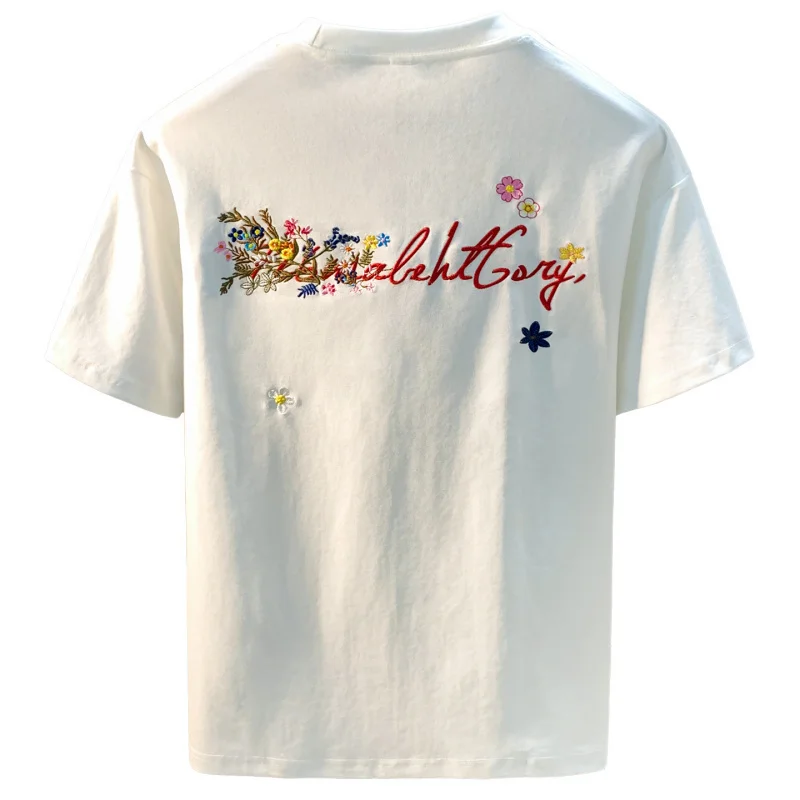 Handwritten floral embroidery short sleeved T-shirt for men, high-end fashion, loose fit, summer casual couple clothing