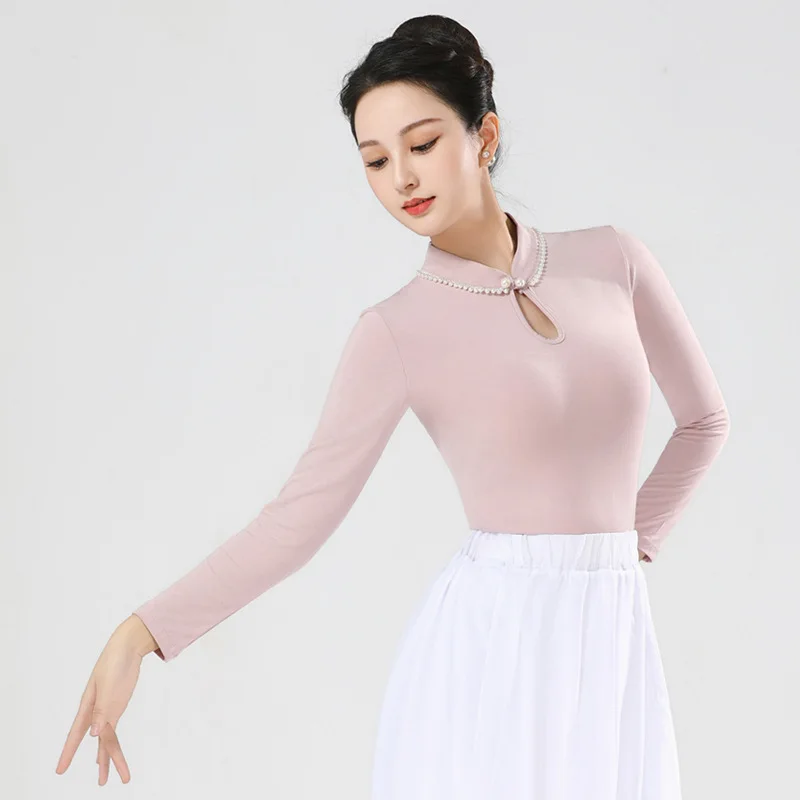 

2024 Adult Women Chinese Style Pearl Neckline Modern Dance Costume Lady Classical Ballroom Latin Long Sleeve Tops Girl Dancewear