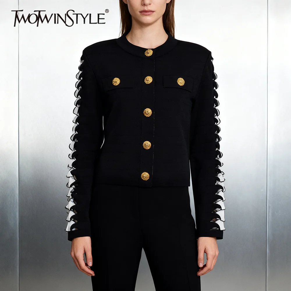 

TWOTWINSTYLE Hit Color Hollow Out Fashion Short Jackets for Women Round Neck Long Sleeves Patchwork Metal Buttons Jacket Female