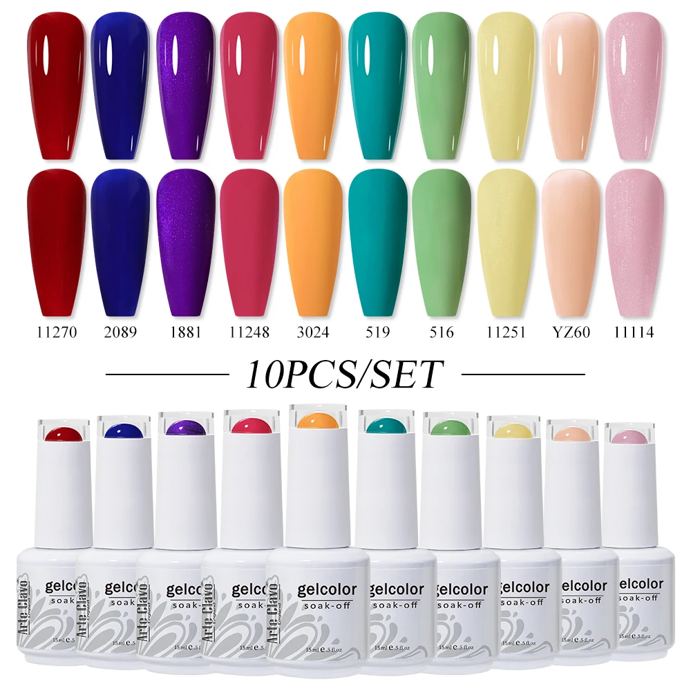 Arte Clavo 15ml 10pcs Conjunto de esmaltes em gel semipermanente UV LED Vernizes em gel de cor vermelha Soak Off Nail Lacquer Need Base Top Coat