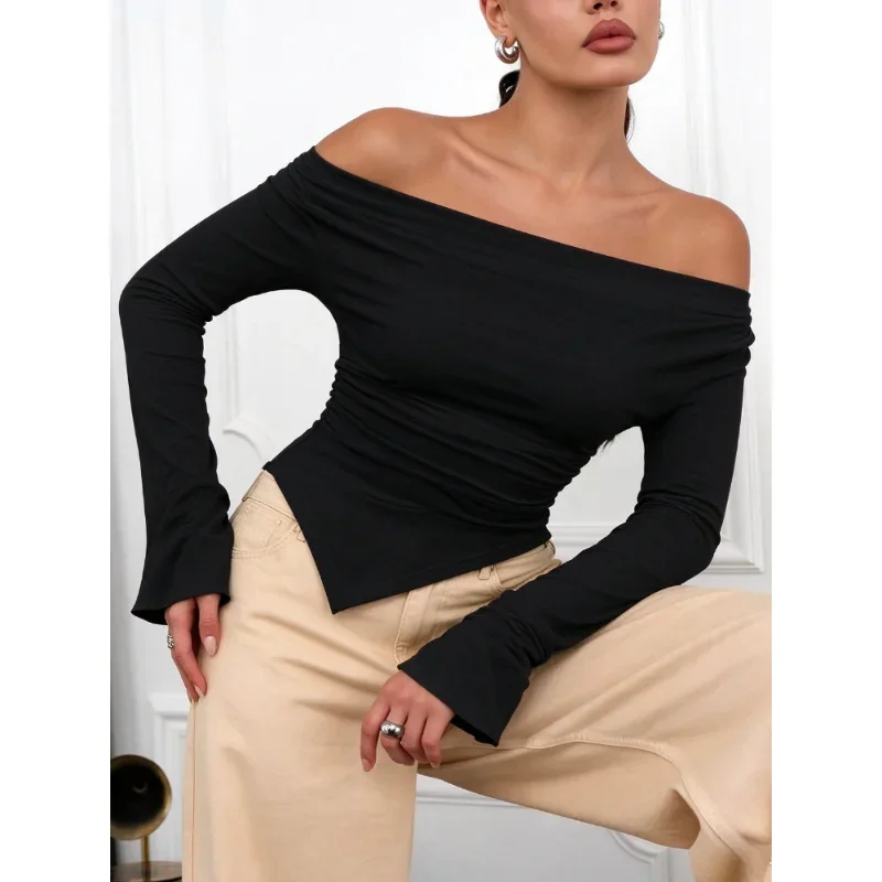 Fall New Women Solid V-Neck Flare Long Sleeve T-shirt, Side Ruched Asymmetrical Irregular Hem Slim Fitted Casual Basic Tops
