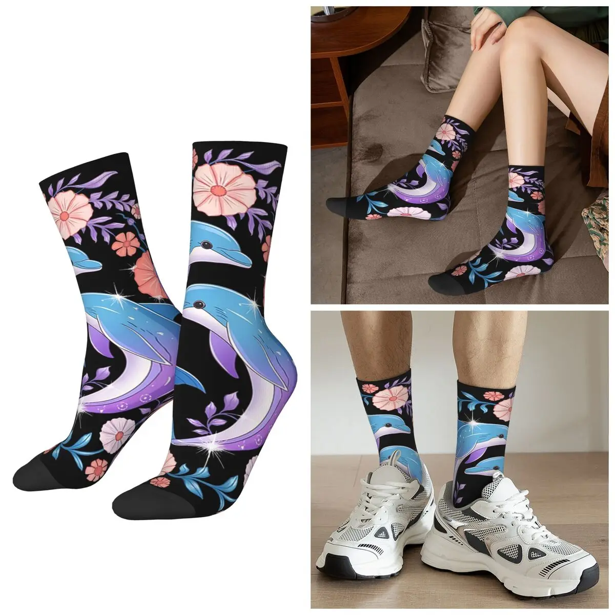 All Seasons Crew Stockings Dolphin Floral Dolphin Sea Ocean Animal Socks Harajuku Long Socks for Men Women Valentine's Day Gifts