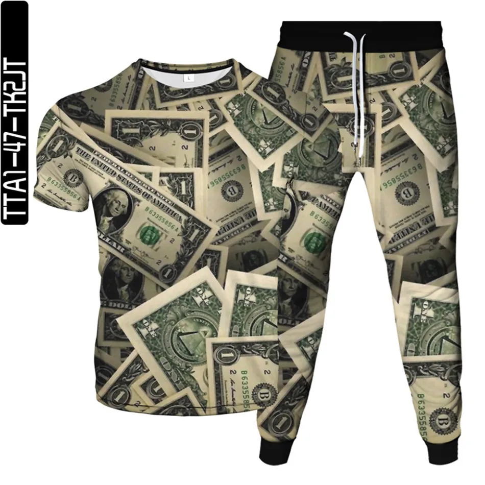 

Men Women Fashion Tracksuit US 1 Dollar 100 Money Print Cool T-Shirt+Trousers 2pcs Sets Clothes Male Female Plus Size S-6XL Suit