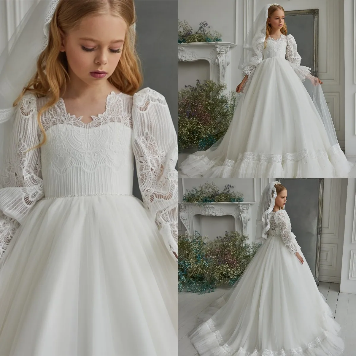 

Boho Flower Girl Dresses for Weddings Lace Long Sleeves Buttons Back First Communion Tulle Princess Bridal Ball Gowns