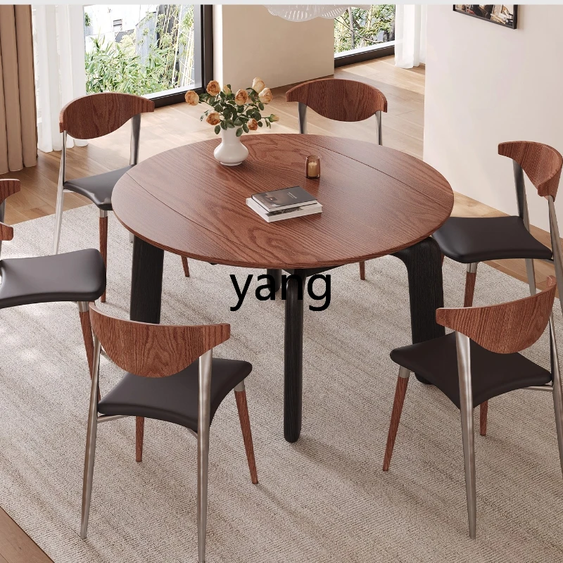 

TGF solid wood folding dining table round black high-end family small apartment medium and ancient style