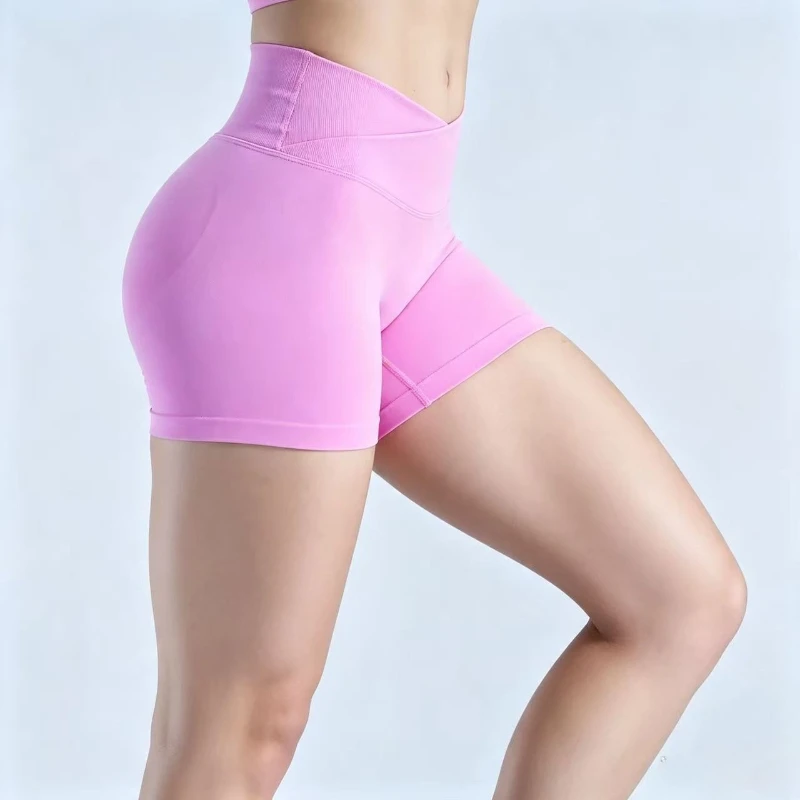 DFYZHE Women's High-Waist Seamless Knit Shorts, Cross-Raise Hip Yoga and Workout Quick-Dry Shorts