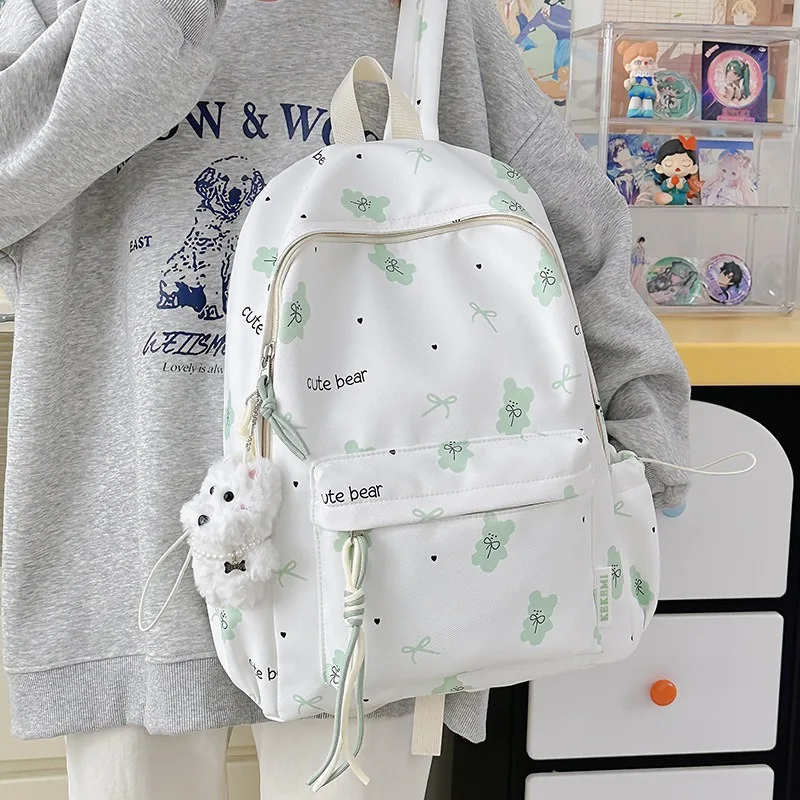 Fresh Floral Bear Print Backpack Waterproof Wear Resistant Nylon Large Pocket School Travel Casual Backpack For Teen Girls