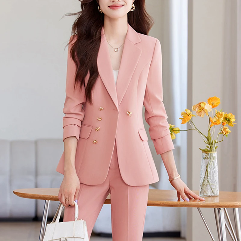 ZJYT Autumn 2024 Office Lady Business Formal Blazer Set Two Pieces Womens Outfit Elegant Long Sleeve Jacket Pants Sets Pink