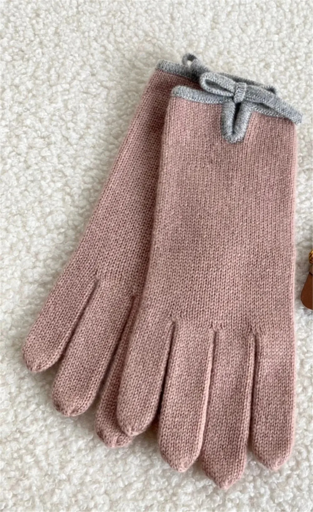 Guantes 100% de punto de cachemira con lazo, manoplas cálidas al aire libre de invierno para mujer