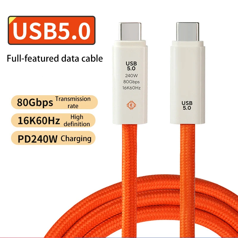 USB 5.0 Nylon Braided Cable with Dual Type-C Ports 240W PD Fast Charging Multifunction Data Cable for Screen Casting