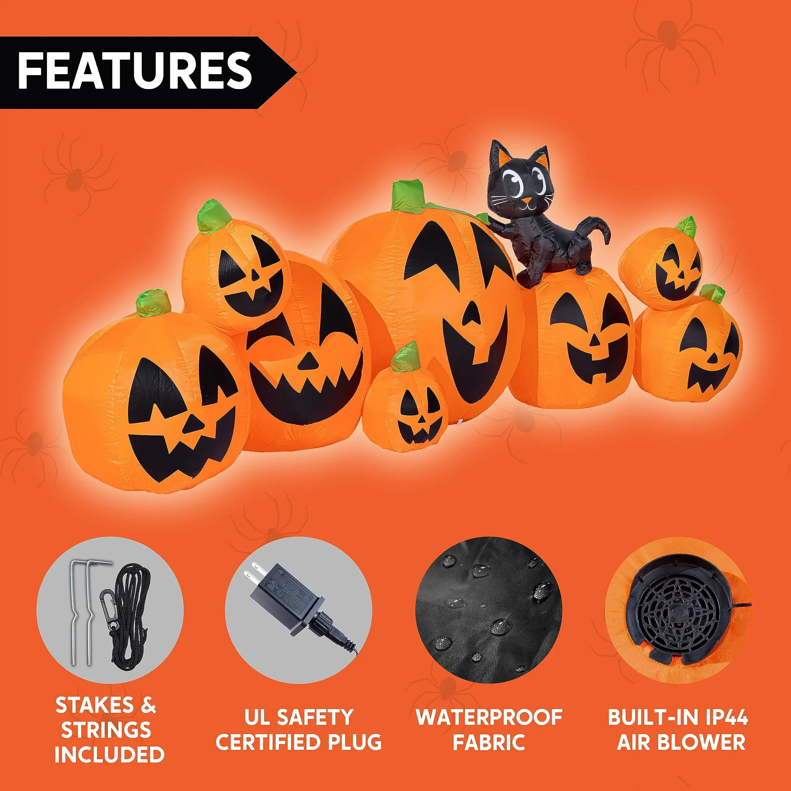 Joyfy 10 أقدام هالوين نفخ اليقطين الطويل مع زينة القط الساحرة المطاطية لزينة ساحة الهالوين