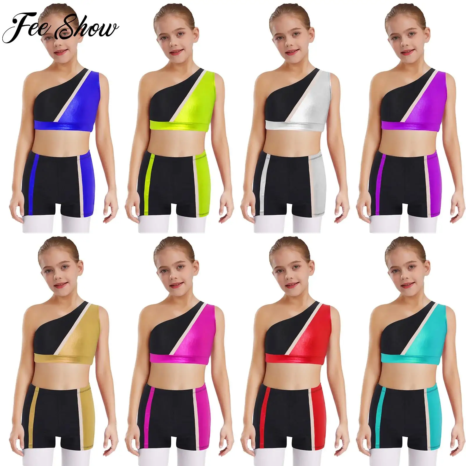 

2 Pcs Kids Girl Gymnastics Dance Sports Outfit One Shoulder Sleeveless Metallic Color Block Crop Top with Shorts for Stage Party