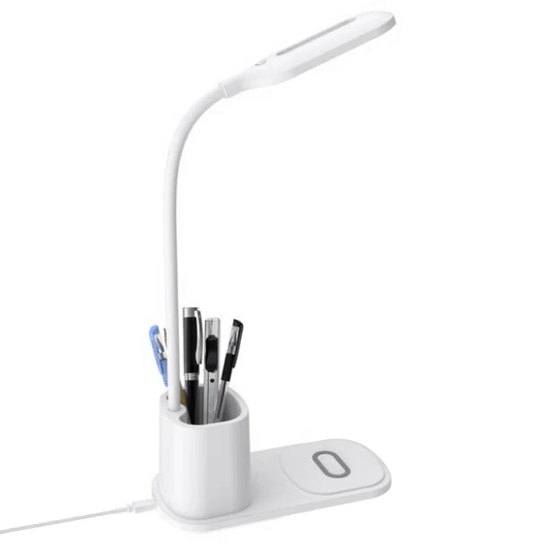 

LED Desk Lamp With Wireless Charger, Press Control Table Lamps With 360 Degree Flexible Metal Hose & Pen Holder