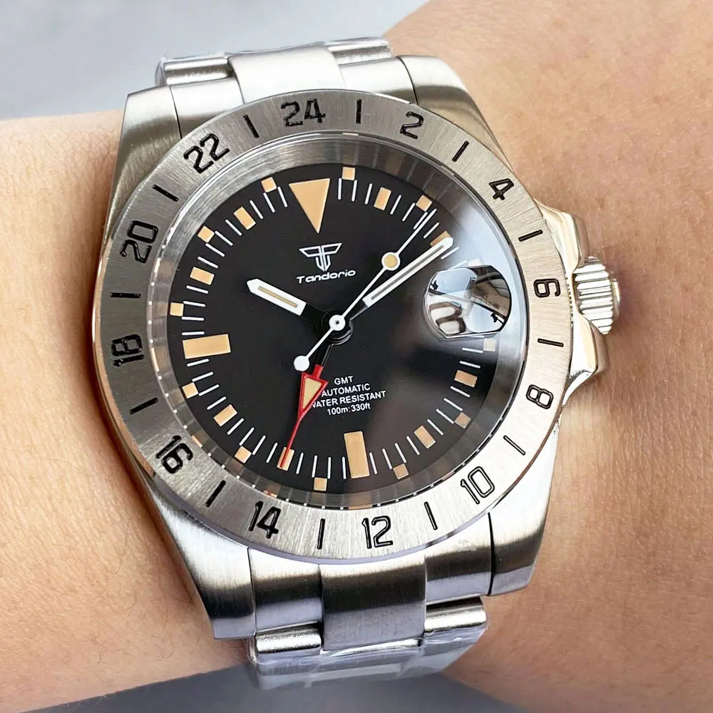 CUSTOM Tandorio ใหม่ 40 มม.NH34 การเคลื่อนไหวหรูหรากีฬาออกแบบผู้ชายอัตโนมัติ GMT นาฬิกากันน้ํา 100 M Sapphire Glass ญี่ปุ่น