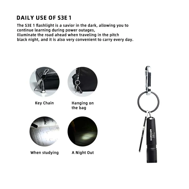 DOMRAEM S3E1 UltraBright 90 Lumens EDC Mini Flashlight  IPX8 Waterproof, PMMA TIR Lens, Compact AAAPowered Keychain Light