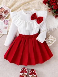 2PCS Autumn New Style Sweet And Cute Girl Baby White Bow Lace Long-Sleeved Top + Rose Red Solid Color Pleated Short Skirt
