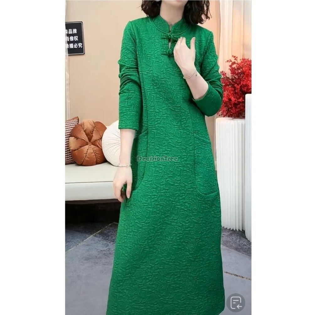 

Новинка 2025, осенне-зимнее улучшенное платье Cheongsam, утолщенное жаккардовое платье в стиле ретро с длинными рукавами и воротником-стойкой, свободное модное длинное платье Ципао