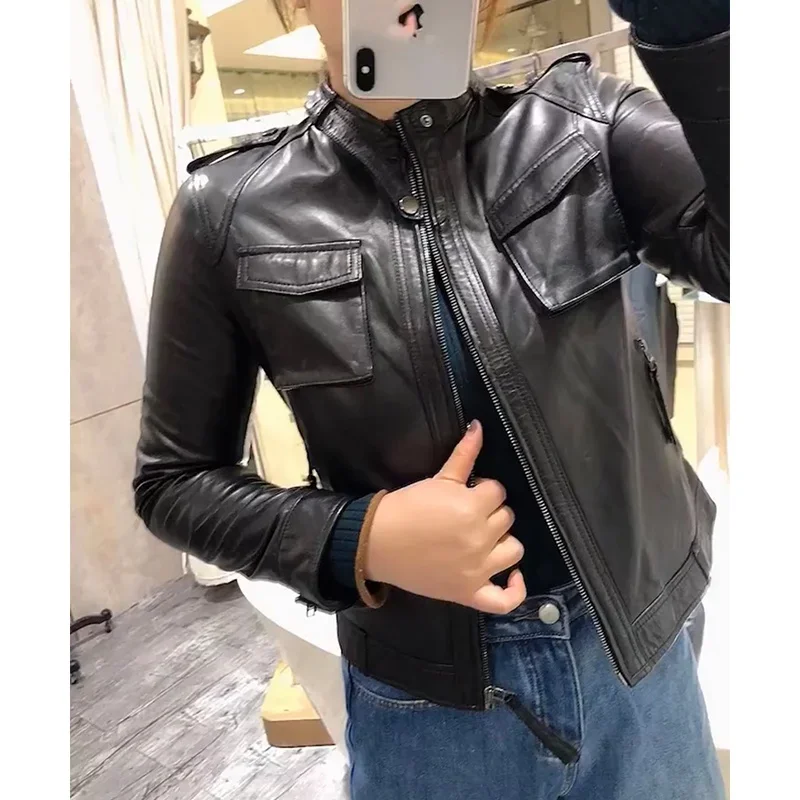 Spring Genuine Leather Jacket Women 2024 Fashion Real Sheepskin Coat Motorcycle Biker Jacket Female Sheep Leather Coat Y842