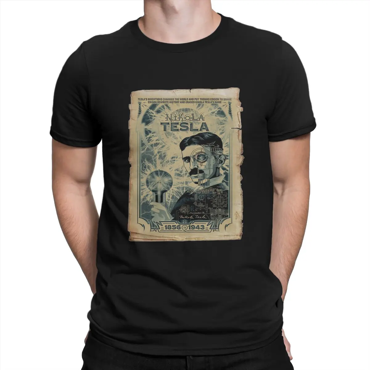 Unique nicola tesla Sticker T-Shirts Men Round Collar 100% Cotton T Shirts Nikola Tesla Short Sleeve Tee Shirt Printing Clothing