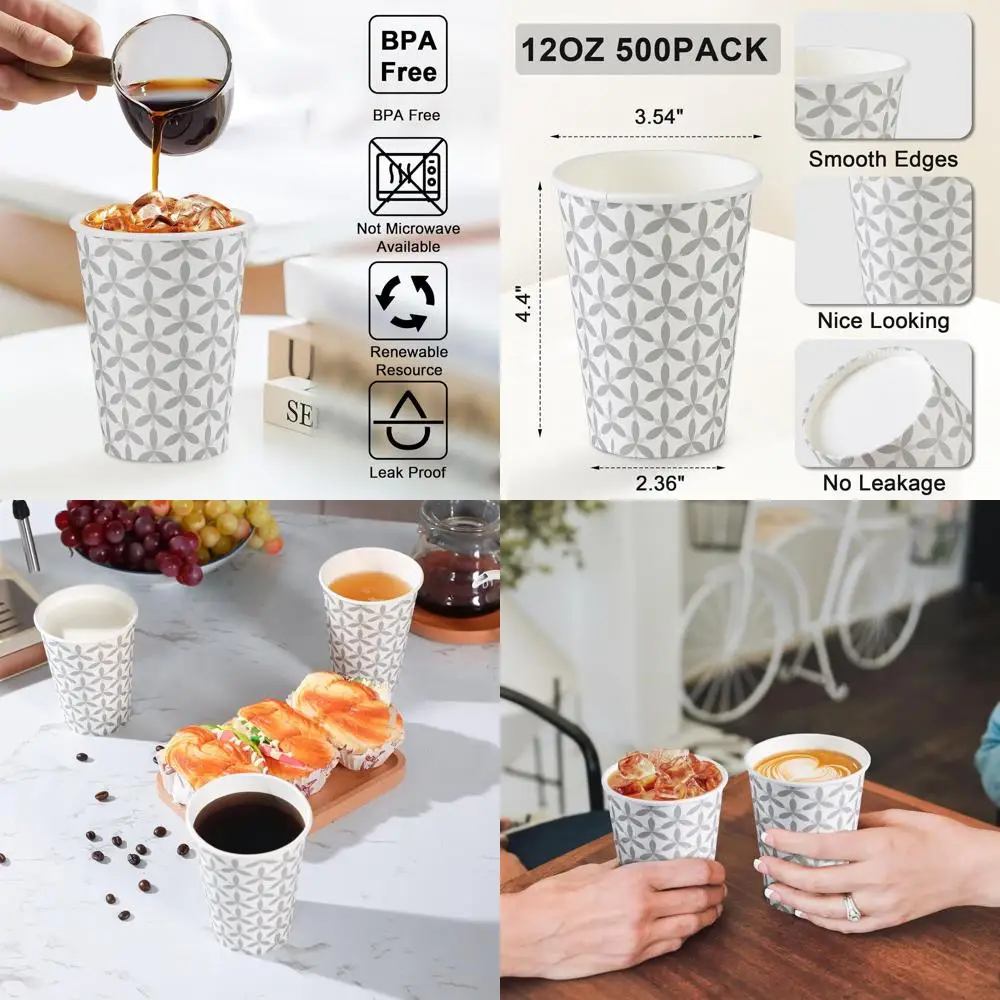 

12 oz Disposable Paper Coffee Cups, Leakproof for Cafe, Office, and Party Use