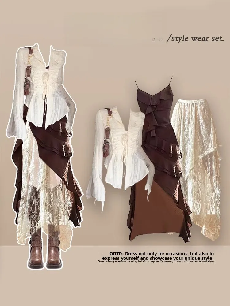 Printemps été ensemble de voyage femmes doux irt Vintage sangle Dr jupe en dentelle irrégulière t-shirt pièce ensemble a-ligne Midi Dr