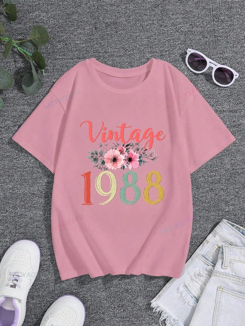 Souvenir Gift for 1988 Birthday, Vintage Style Patterned Top, Women's Fashion Short-sleeved Shirt,Everyday Street Cotton T-shirt