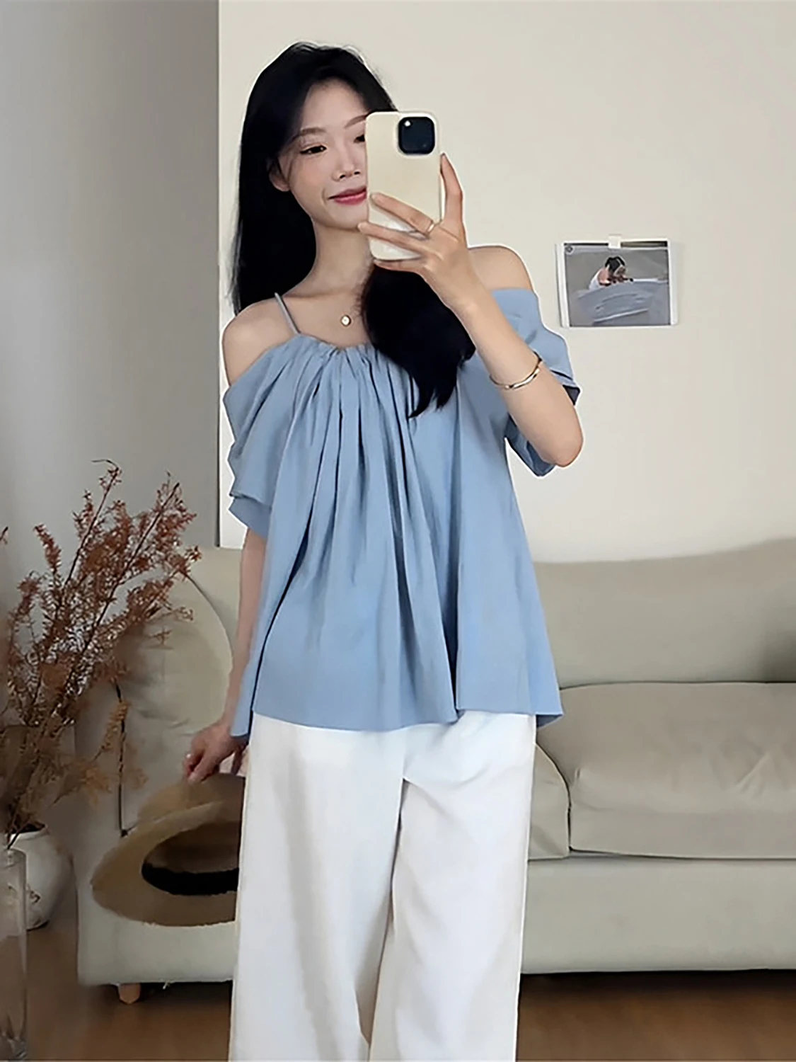 Sweet Light Blue off Shoulder Neckline Women's Top Korean Style Commute Fashion Summer New Design Unique Female Clothing