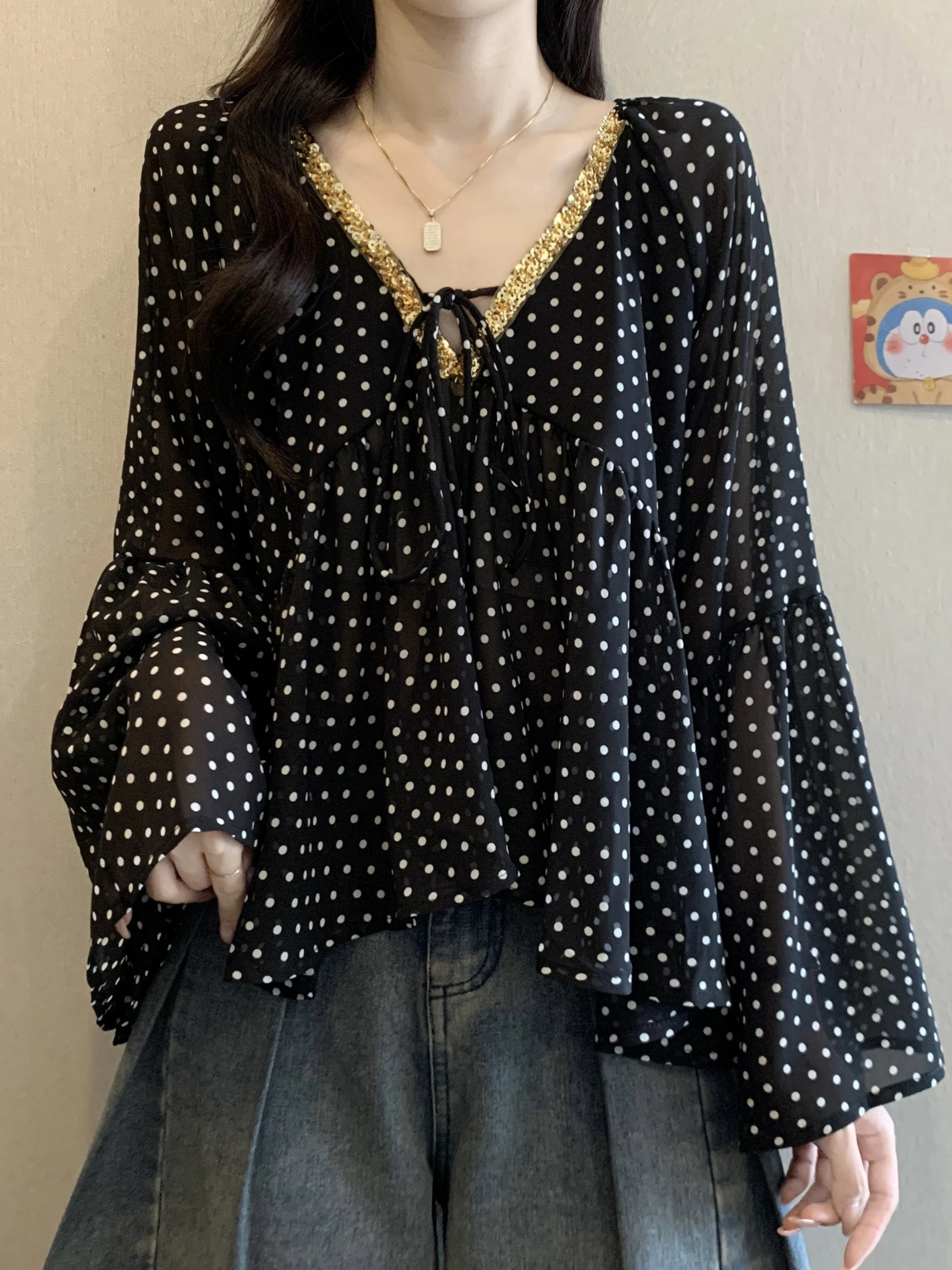 

Ele V-Ne Sequin Blouse Women's Chiffon irt Spring Summer Casual Loose Fit plus Size Cover Belly Unique Beautiful Top