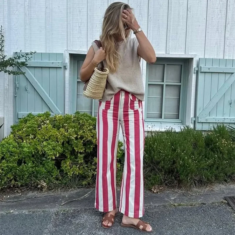 Casual Stripe Contrast Women's Pants Loose Zipper Button Pocket Wide Leg Female Pant 2026 Spring Summer Lady All-match Trousers