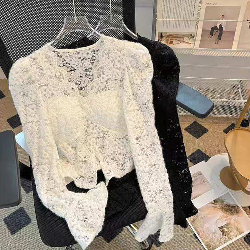 

Slim Lace Women Blouse Y2K Korean Chic V Neck Bell Sleeve Crop Tops Autumn Elegant Office Lady All Match Tight Shirts New