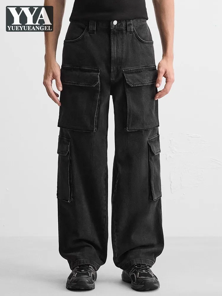 High Street Men Denim Pants Personality Multiple Pockets Cargo Jeans Spring Loose Fit Hip Hop Vintage Male Straight Trousers