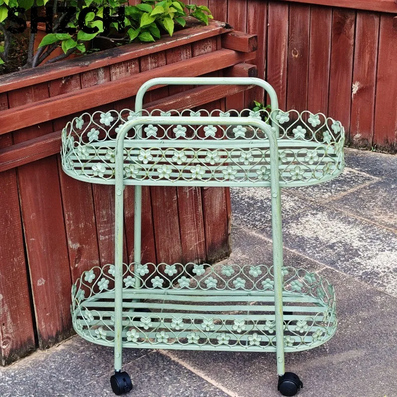 Vintage Iron Double Layer Plant Stand, Distressed Finish Shelf for Balcony Garden, Outdoor Decor & Hanging Basket Organizer