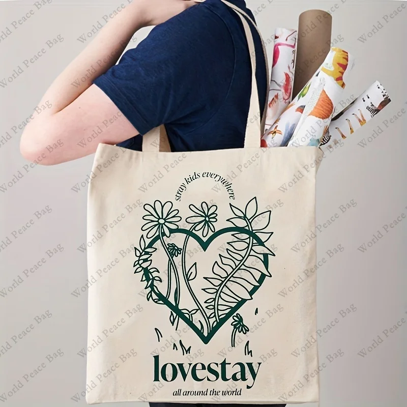 1pc Lovestay Pattern Canvas Tote Bag, Casual Canvas Shoulder Bag, Fashion Shopping Bag