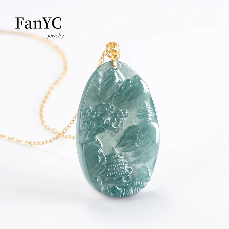 Jadeite liontin lanskap kecil air biru alami Set gesper emas 18K kalung giok es mode halus hadiah wanita kualitas tinggi