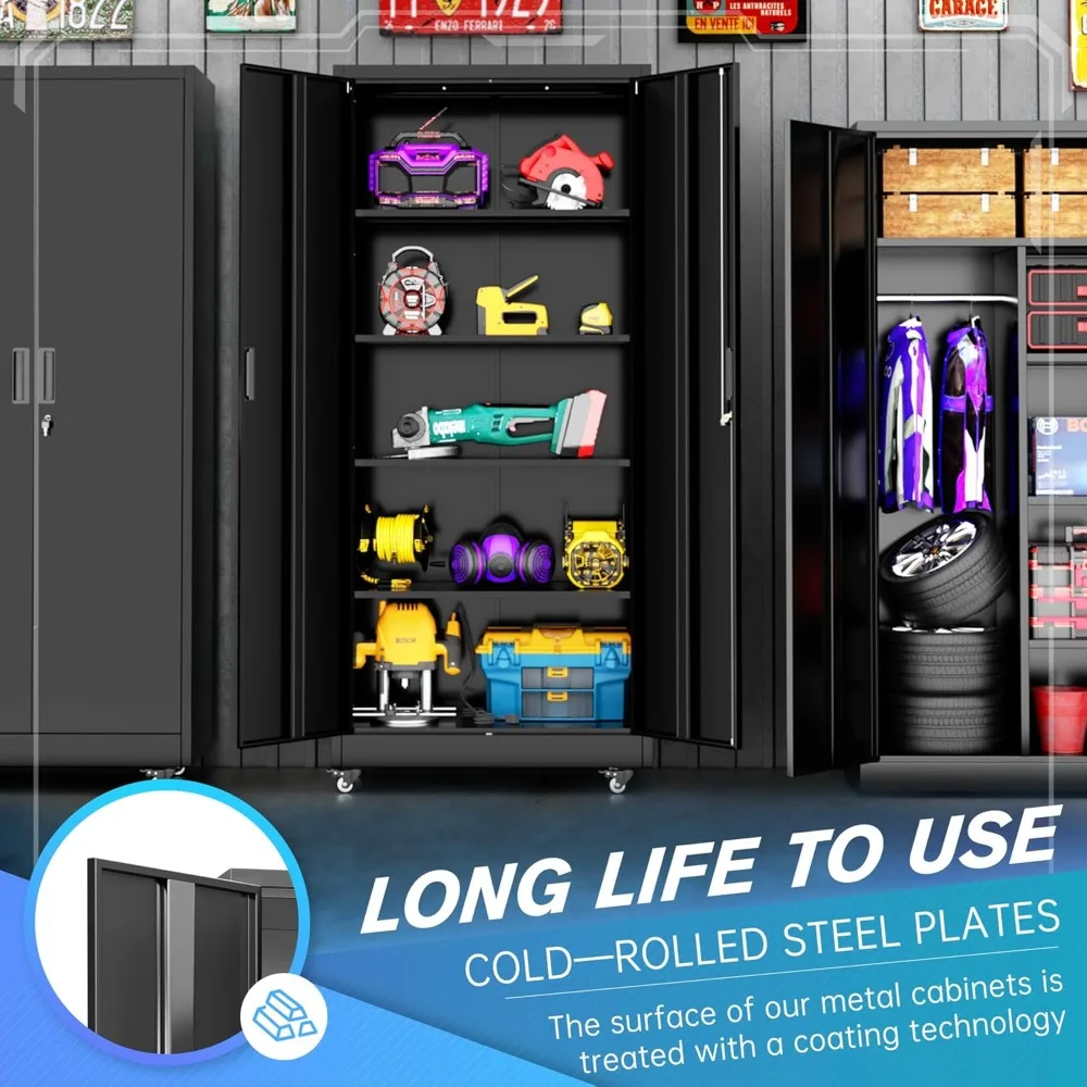 73インチの金属製収納キャビネット（キャスター付き）、ガレージ収納キャビネット（4つの調節可能な棚とロック可能な扉付き）、ガレージ、ホームオフィス用
