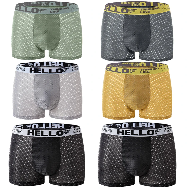 6 pieces of mesh ice silk boxing shorts for men\'s underwear breathable sexy slim fit and seamless flat corner pants plus size4XL