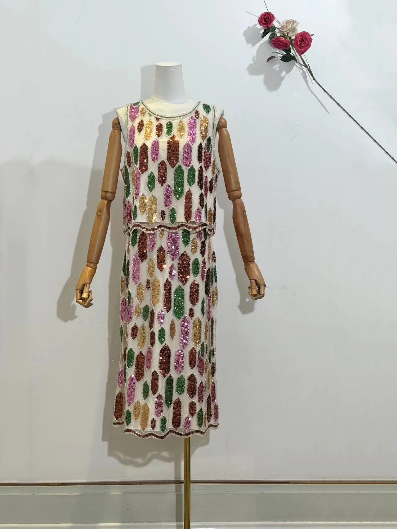 

H80 & S90 Удивительный женский праздничный мульти-бохо, расшитый бисером и пайетками, отпускная майка, жилет, майка, юбка с эластичной резинкой на талии, комплект из двух предметов