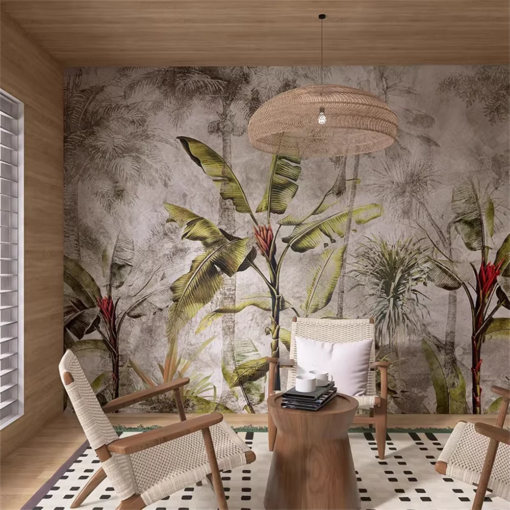 Custom Vintage Southeast Asian background wallpaper Nanyang tropical rainforest plants hotels restaurants homest wall paper roll