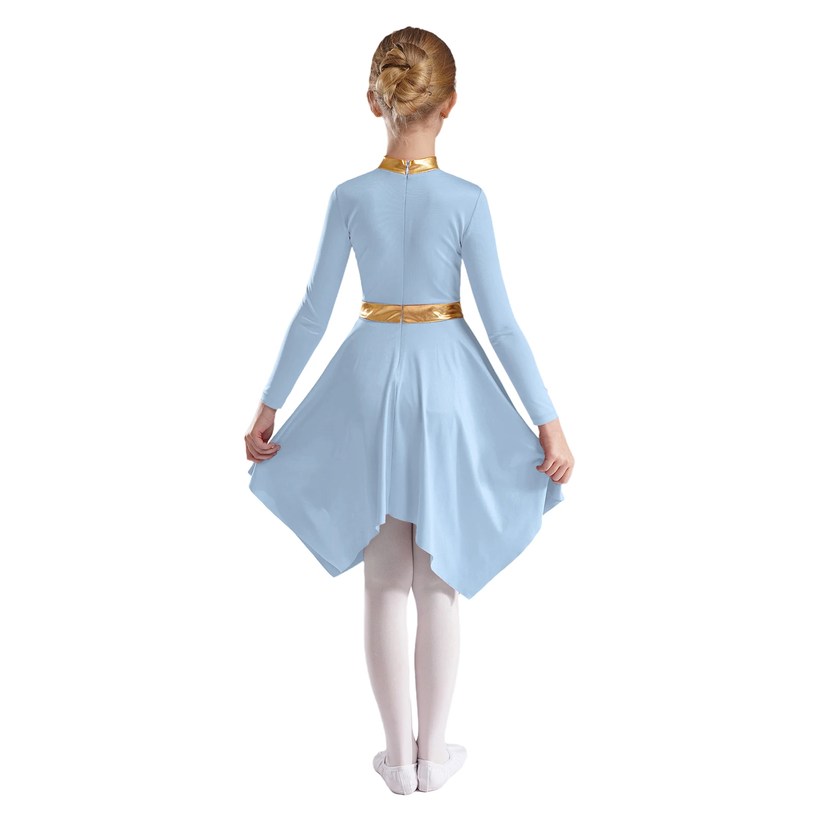 #6-16 Girls Praise Worship Modern Dance Dresses Metallic Shiny Patchwork Long Sleeve Asymmetrical Hem for Stage Performance Wear