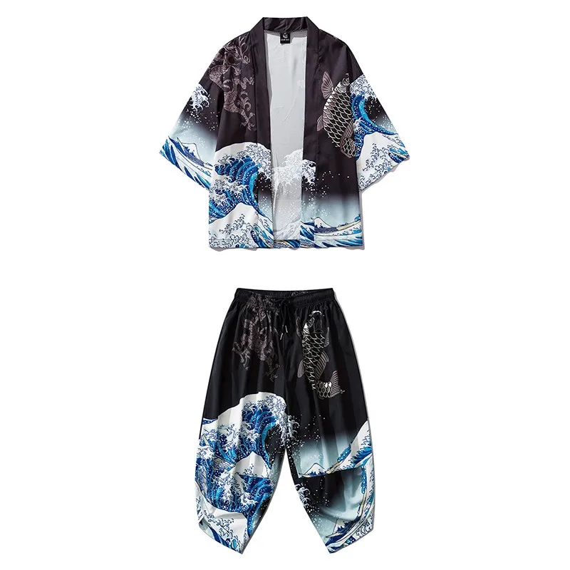 Men Japanese Kimono Traditional Casual Loose Thin a Set of Coat and Pants Asian Clothes Harakuju Fish Print Kimono Cardigan