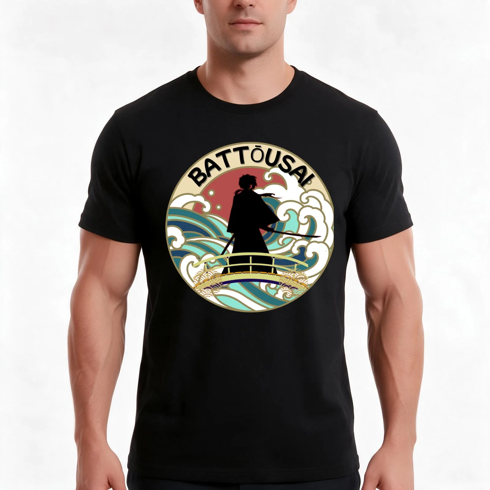 Battousai T-Shirt, Summer Casual Cotton Tee, Oversized Streetwear Tops, Vintage Graphic Print, Loose Fit Short Sleeve