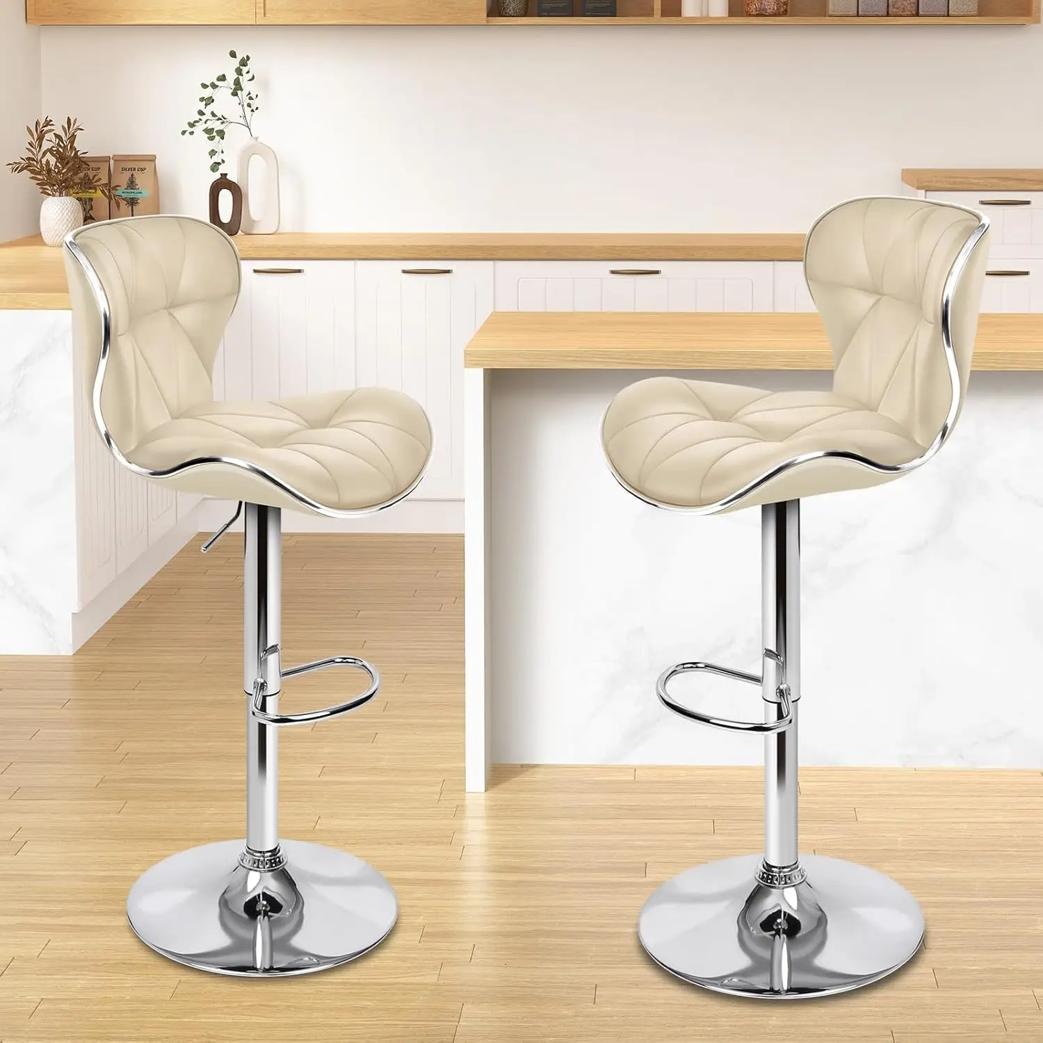 Luna Swivel Counter Beige Barstools Dining Chair in 54-75cm Seat Height with Antiskid F Bar Stool 2Pcs Adjustable Kitchen Stools