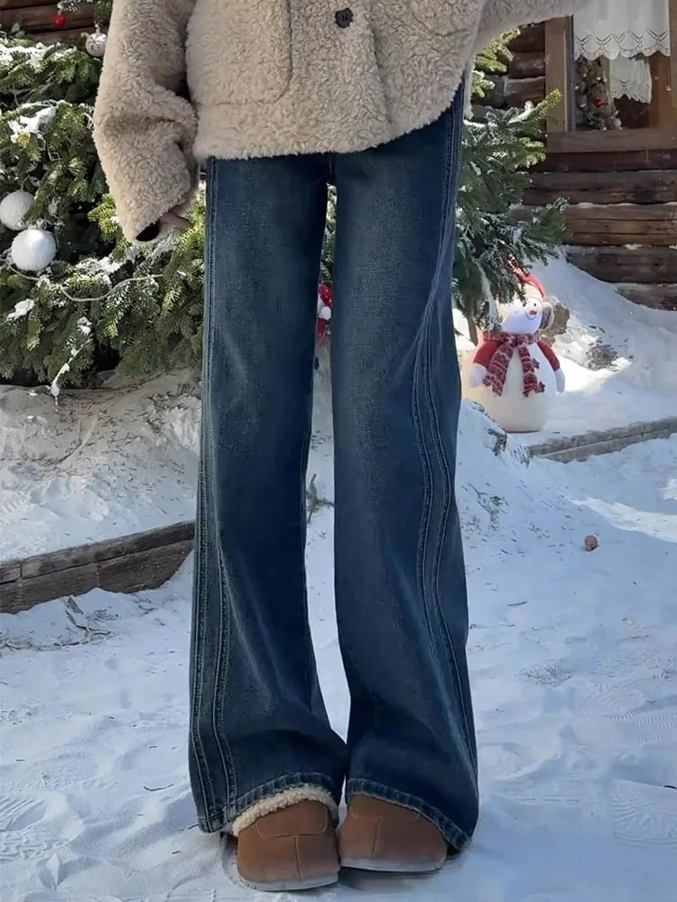 

Синие широкие джинсы в стиле ретро с высокой талией, скрытые бедра, груша, утягивающие брюки длиной до пола для женщин больших размеров