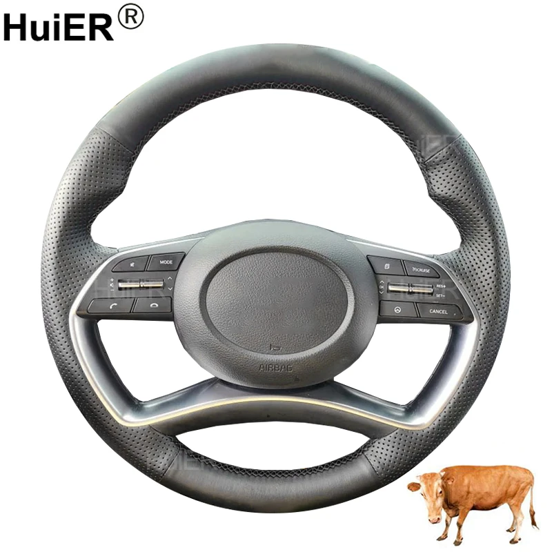 Cow True Leather Hand Sewing Car Steering Wheel Cover For Hyundai Palisade 2023 2024 Braid on Steering-wheel Wrap