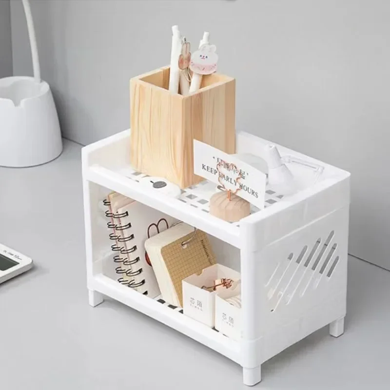 1PC PP Desktop Double Layer Storage Rack Rectangular White Organizing Student Desk Office Cosmetics Stationery