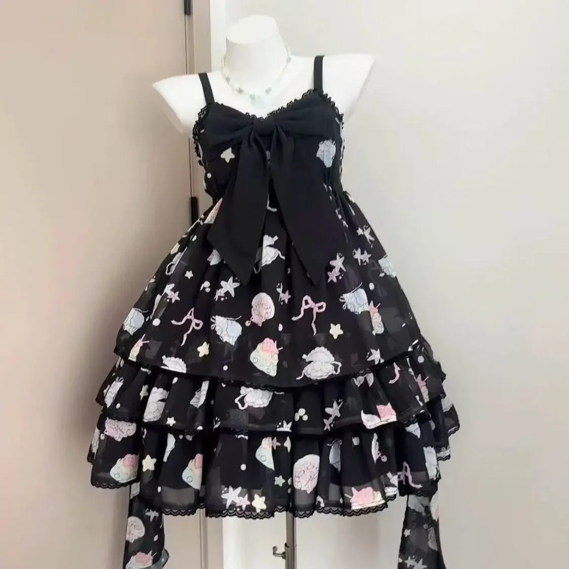 Japanese Sweet Cute Harajuku Bow Suspender Dress Women Summer Dress Kawaii Pleated Ruffle Loose Aesthetic Dresses Clothing Trend