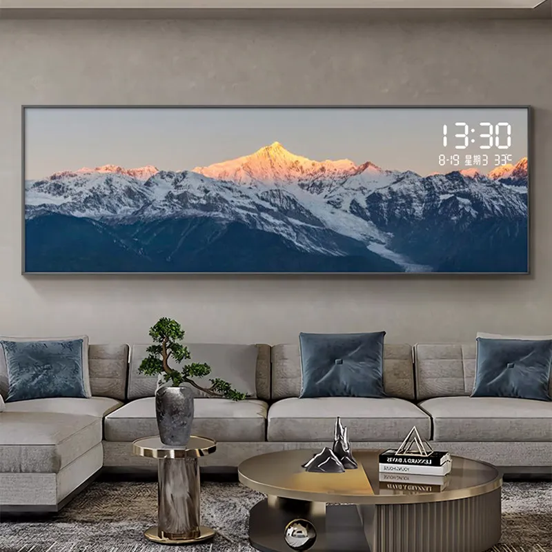 Modern Luxury Living Room Decoration Painting Led Electronic Clock Sofa Background Mural Light Horizontal Hanging Painting