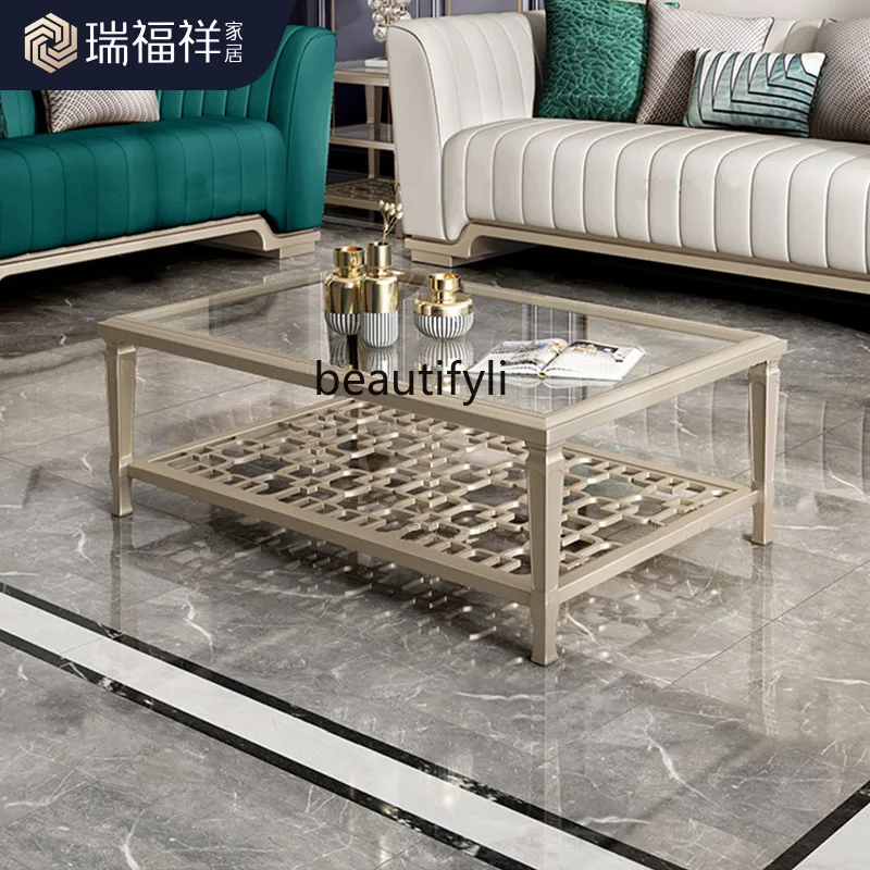 

American light luxury solid wood coffee table living room tempered glass hollow creative rectangular tea table