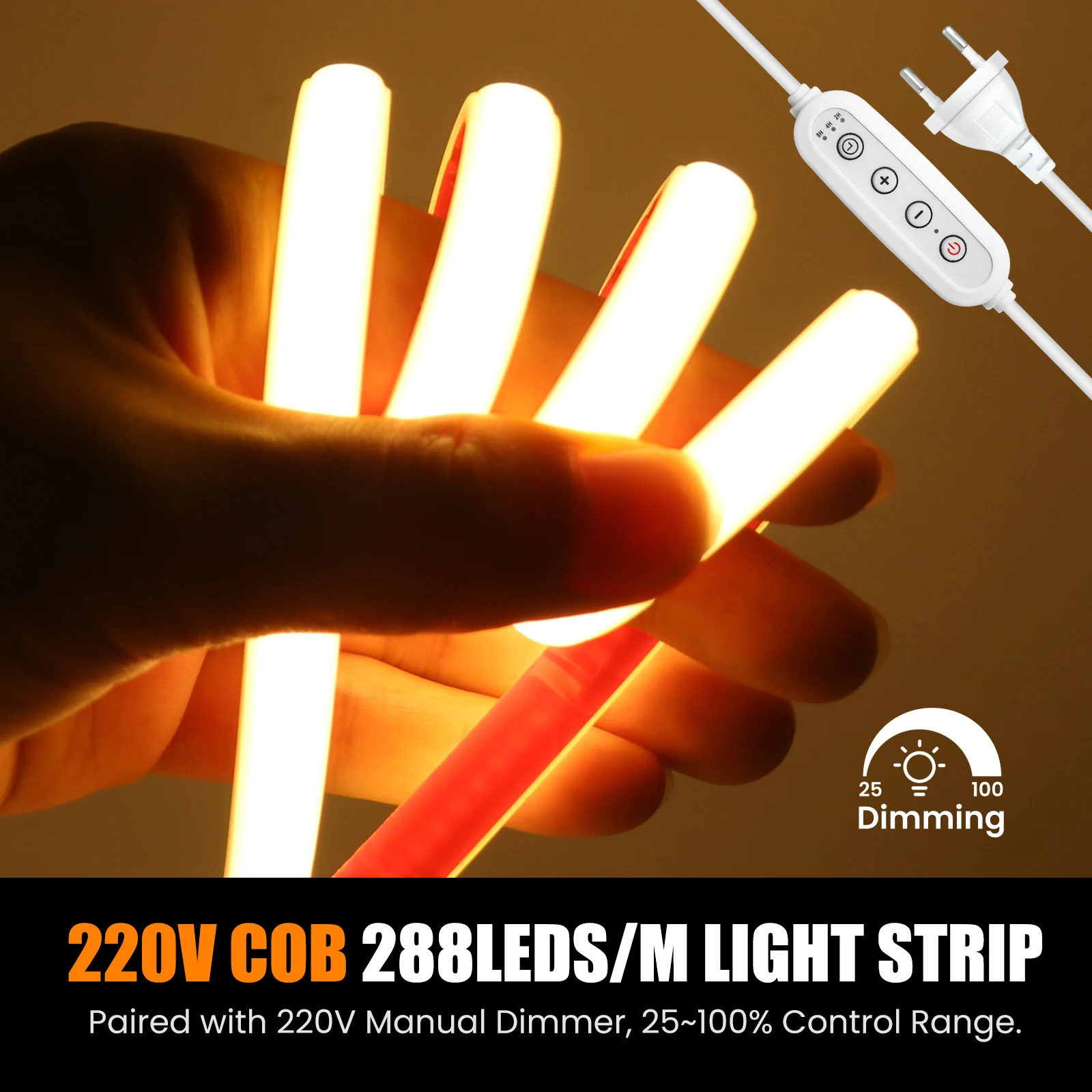 

220 В COB Светодиодная лента с регулируемой яркостью Гнучка светодиодная лента 288 светодиодов/м Водонепроницаемая веревочная лента Плотность линейного освещения ЕС Великобритания AU