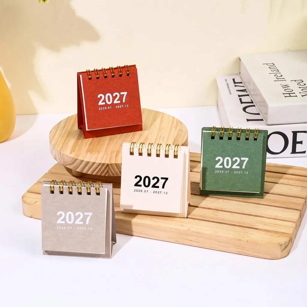Mini Standing Desk English Calendar 2026.07 - 2027.12,Gold Coil Binding Portable Desktop Calendar For Daily Planning Decoration